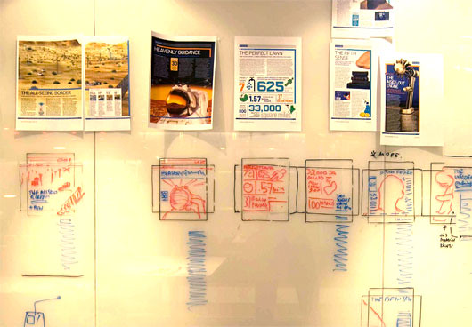 A studio wall with printed magazine spreads pinned above hand-drawn wireframe storyboards
