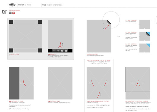 A BERG specification sheet titled PopSci, showing greyscale reading states and gesture diagrams