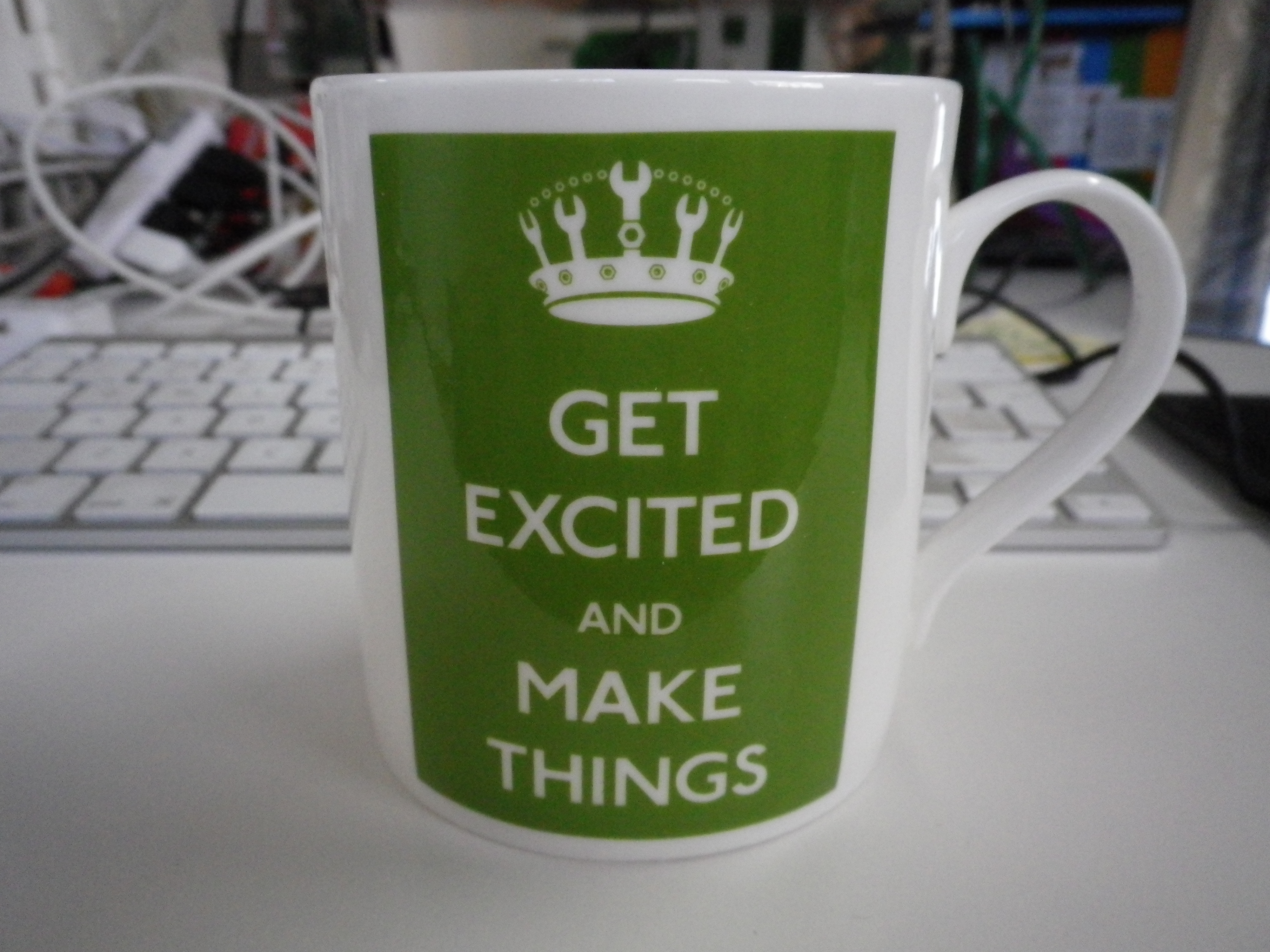 A BERG mug printed with 'Get Excited and Make Things', made by McLaggan Smith in Scotland
