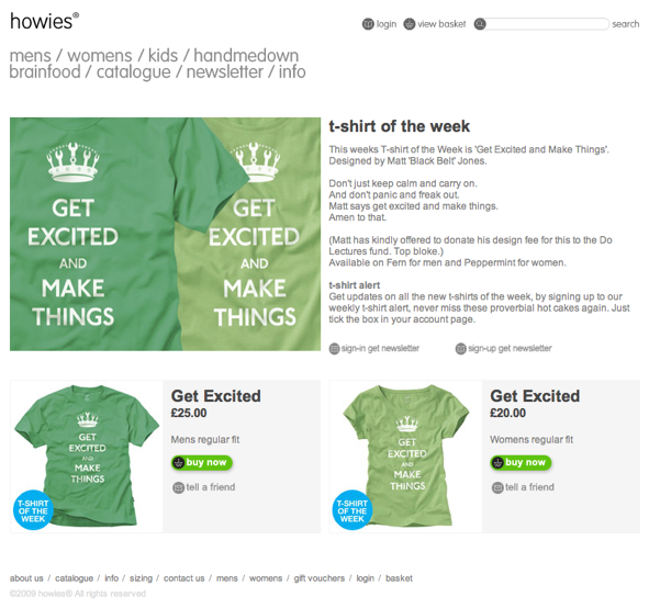 The Howies 'T-Shirt of the Week' listing for the Get Excited and Make Things shirt