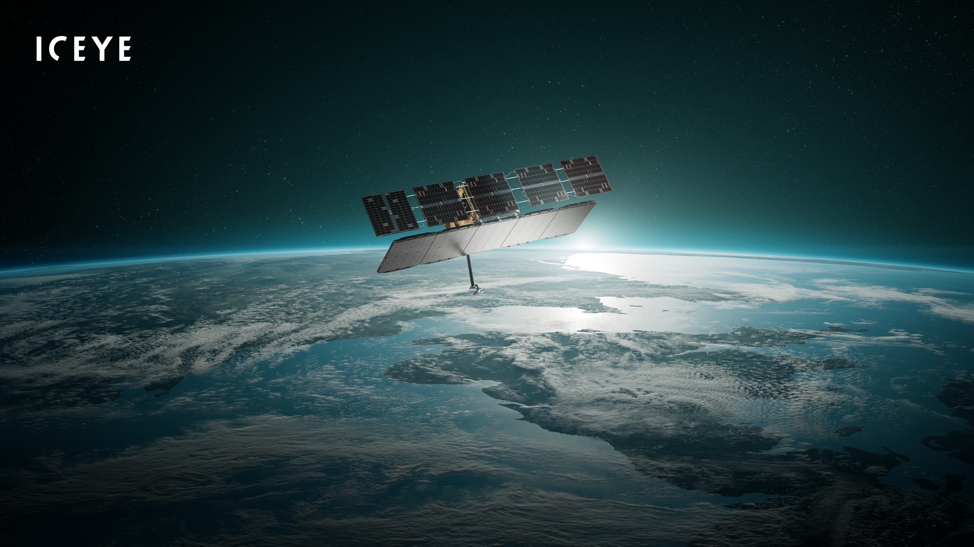 An ICEYE Gen4 synthetic-aperture-radar satellite in orbit above a sunlit Earth